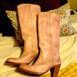 Authentic Frye pink leather vintage knee high boots- great condition!
